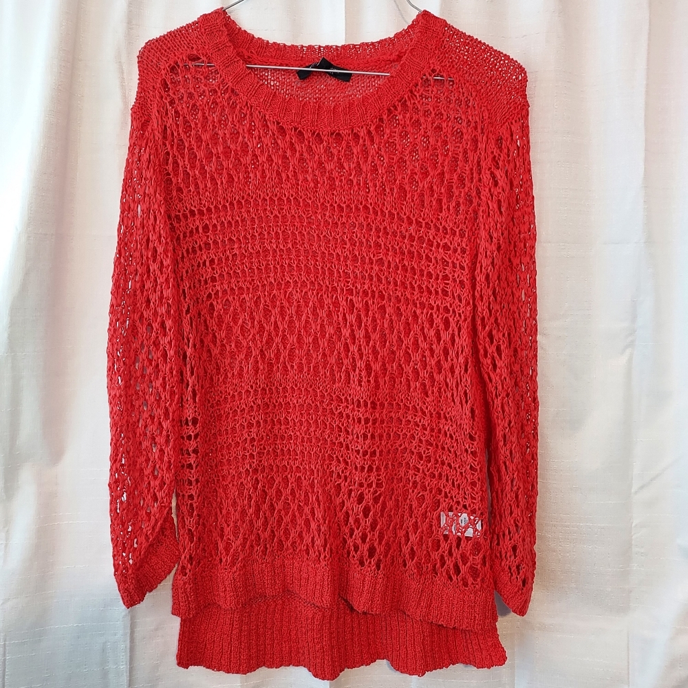 Christian Siriano Runway| Coral Open Knit High Low Hem| Sweater| M